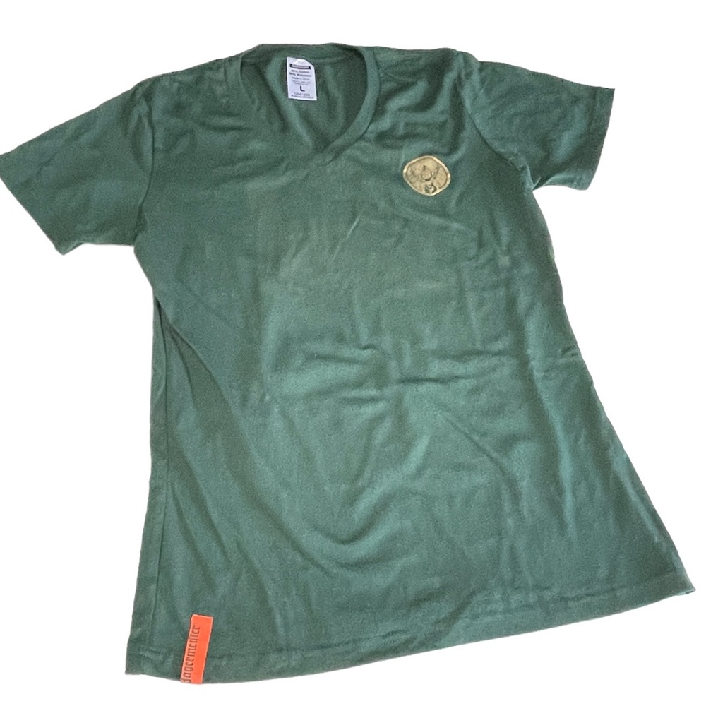 New Womens Fitted Green Advertising Merch Jagermeister Vneck Tshirt Size L